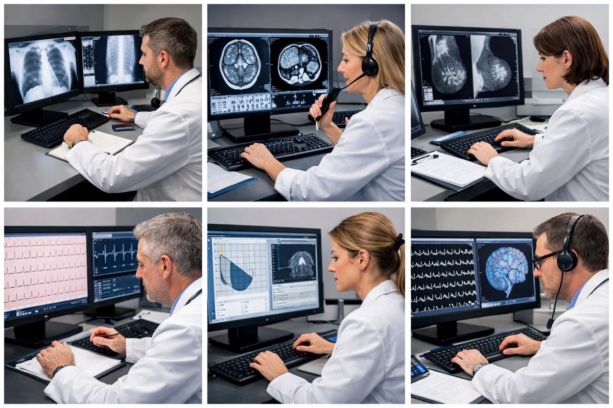 Médicos especialistas analisando exames de imagem radiológica em computadores